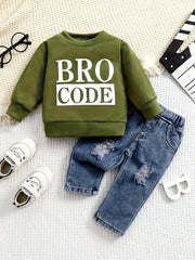 2-Piece Boys' Long-Sleeve Letter Sweatshirt & Ripped Jeans Set - Casual Fall/Winter Outdoor Outfit for Baby Boys 0-3 Years (0-36 Months)