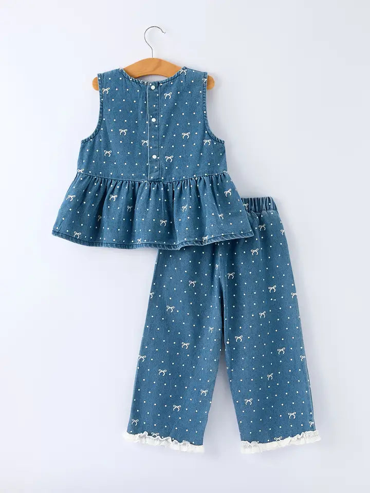 Spring Bow Dot Denim Ruffle Top and Pants Set 3/4 Pants