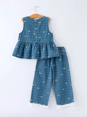 Spring Bow Dot Denim Ruffle Top and Pants Set 3/4 Pants