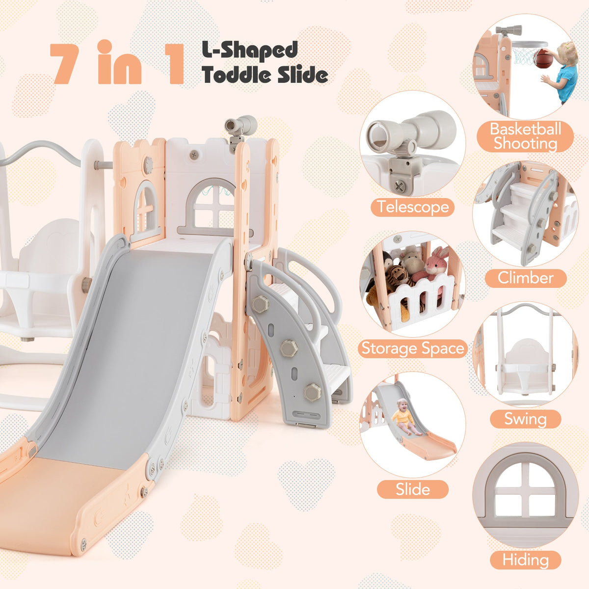 7-in-1 Toddler Swing and Slide Set L-shaped with Ladder and Basketball Hoop
