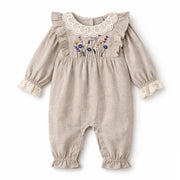 Embroidered Wildflower Linen Baby Romper With Lace Trim