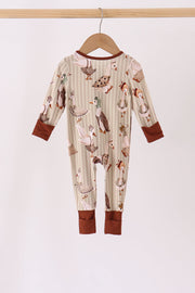 Brown goose print bamboo zipper romper