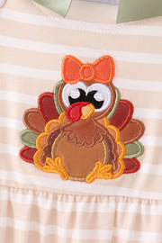 Olive turkey applique stripe ruffle romper