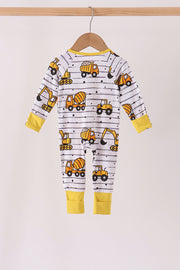 Yellow Construction Trucks Zip Bamboo Romper