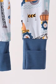 Blue Construction Trucks Zip Bamboo Romper