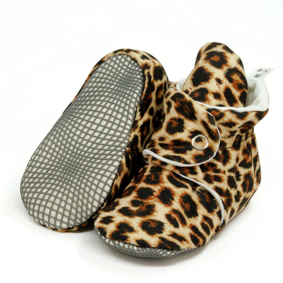 Organic Cotton Baby Booties, Non-Slip Sole, Cotton Newborn Booties Home Nursery Shoes, Leopard