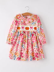 Fall Halloween & Thanksgiving Pumpkin Bow Smock Embroidered Floral Dress