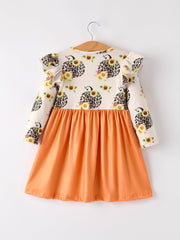 Thanksgiving Pumpkin Leopard Floral Print Girls Dress