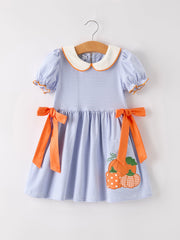 Fall Thanksgiving and Halloween Lapel Stripe Pumpkin Applique Bow Girls Dress
