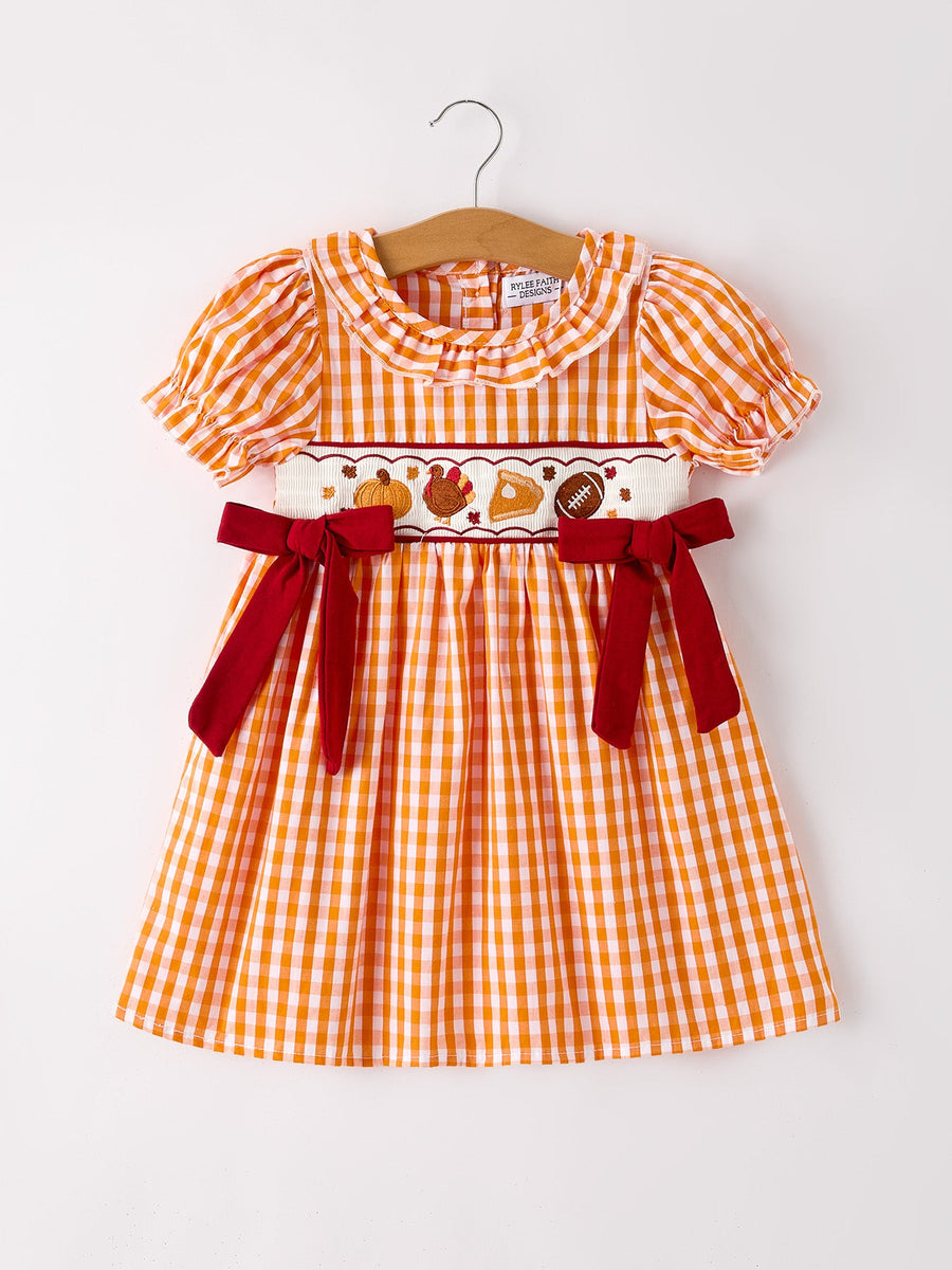 Fall Turkey Embroidered Dress for Girls – Orange Checkered with Thanksgiving Details