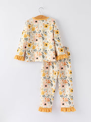 Fall Floral Print Girls Pajamas Set with Ruffle Details