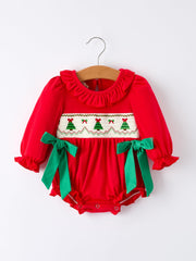 Christmas Smocked Girls Romper with Green Bow and Tree Embroidery
