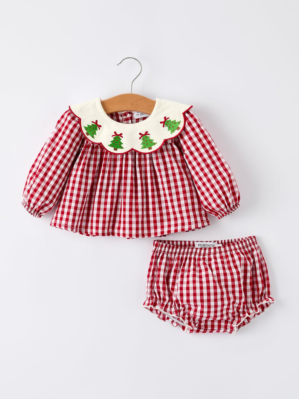 Christmas Tree Embroidery Red Gingham Long Sleeve Baby Girl Bloomers S