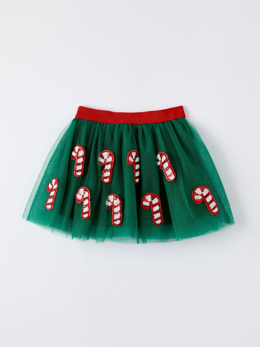 Christmas Candy Cane Sequin Applique Green Tulle Skirt