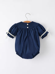 Navy Blue Nativity Smocking Embroidered Baby Girls Christmas Romper