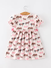 Western Horse Smocked Girls Dress Bow Ruffle Short Sleeve