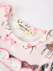 Western Horse Smocked Girls Dress Bow Ruffle Short Sleeve