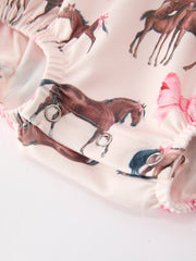 Western Horse Smocked Girls Romper Bow Ruffle Short Sleeve