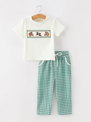 Western Plaid Horse Embroidery Boy Pants Set
