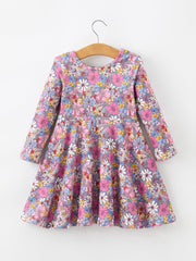 Fall Vintage Floral Print Girls Long Sleeve Twirl Dress