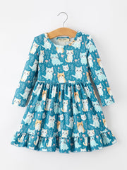 PREORDER Fall Cat Print Girls Long Sleeve Ruffle Hem Dress