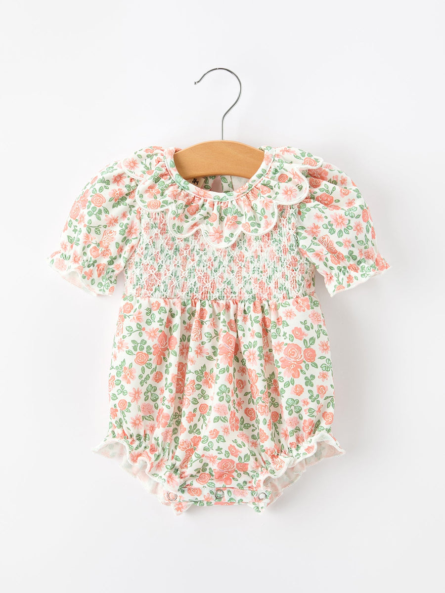 Fall Blush Floral Baby Romper Smocked Petal Collar