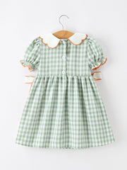 Fall Plaid Girls Dress Pumpkin Bow Smocked Peter Pan Collar