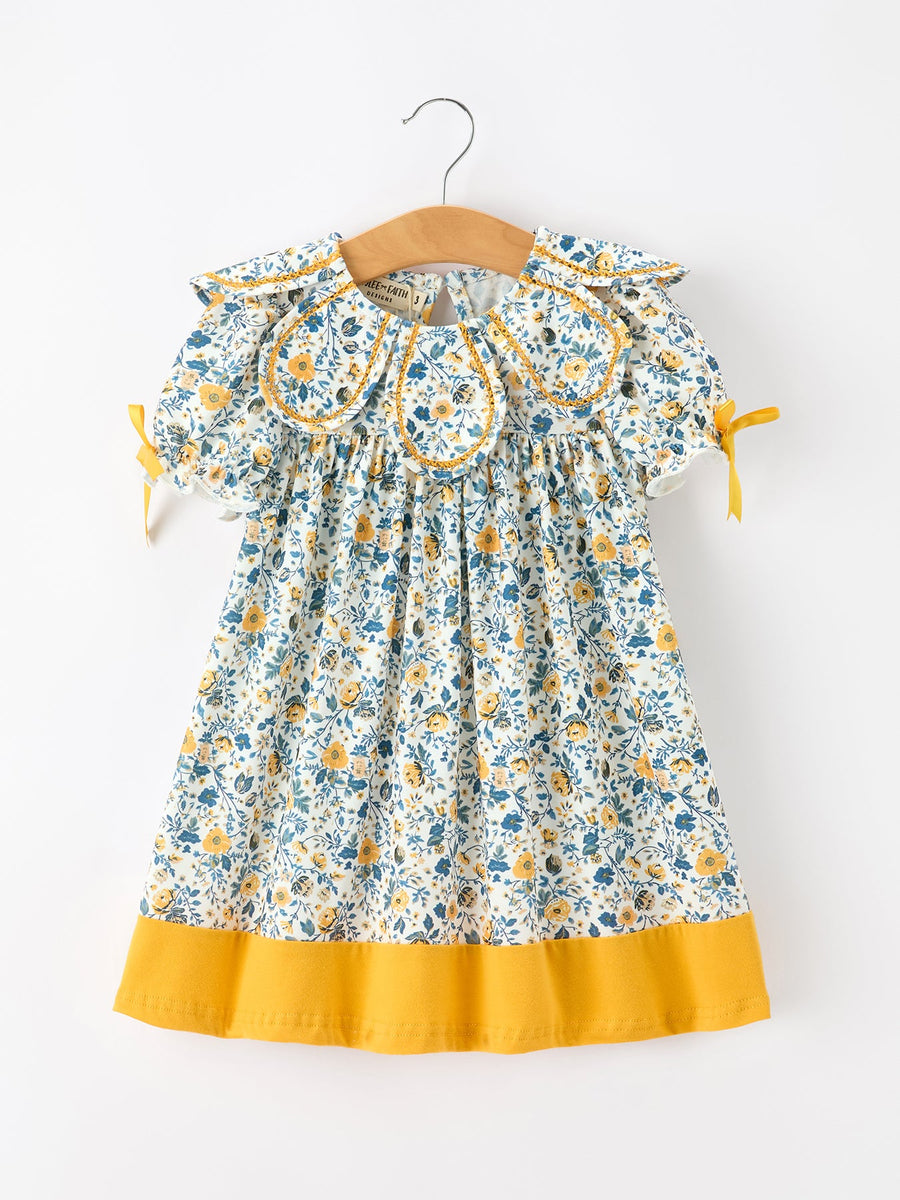 Floral Girls Dress Peter Pan Collar Yellow Trim Puff Sleeve Dress