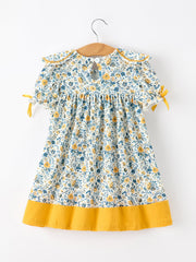 Floral Girls Dress Peter Pan Collar Yellow Trim Puff Sleeve Dress