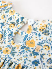 Floral Girls Dress Peter Pan Collar Yellow Trim Puff Sleeve Dress