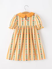 Fall Floral Stripe Girls Dress Petals Collar Smocked