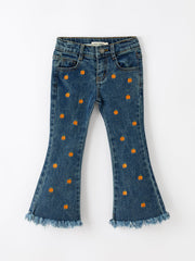 Girls Pumpkin Embroidered Flare Jeans Fall Denim Pants with Fringe Hem