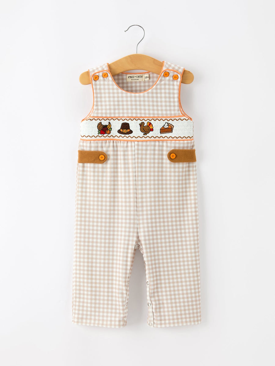 Thanksgiving Boys Gingham Jon Jon Embroidered Romper