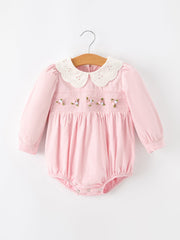 Fall Pink Smocked Baby Girl Corduroy Bubble Romper Peter Pan Collar Floral Detail