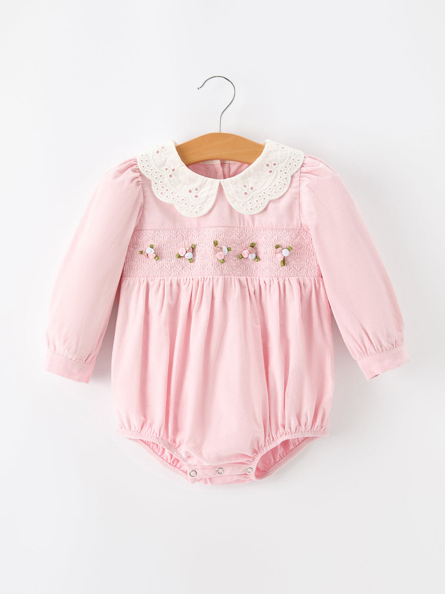Fall Pink Smocked Baby Girl Corduroy Bubble Romper Peter Pan Collar Floral Detail