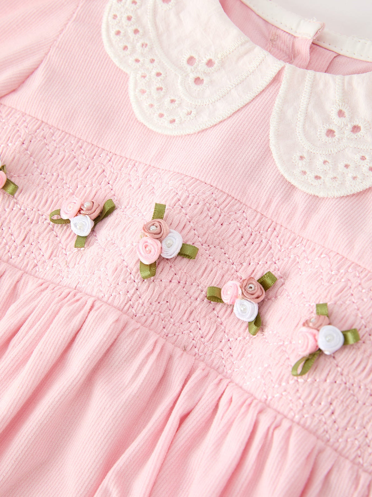 Fall Pink Smocked Baby Girl Corduroy Bubble Romper Peter Pan Collar Floral Detail