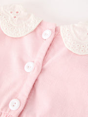 Fall Pink Smocked Baby Girl Corduroy Bubble Romper Peter Pan Collar Floral Detail