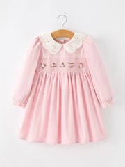 Fall Pink Smocked Girls Corduroy Dress Peter Pan Collar Long Sleeve Floral Detail