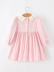 Fall Pink Smocked Girls Corduroy Dress Peter Pan Collar Long Sleeve Floral Detail