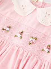 Fall Pink Smocked Girls Corduroy Dress Peter Pan Collar Long Sleeve Floral Detail