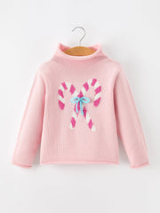 Girls Christmas Candy Cane Bow Knit Sweater