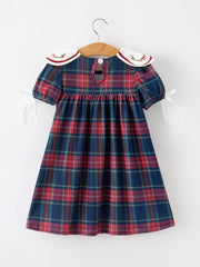Navy Red Christmas Plaid Wreath Embroidered Girl Dress