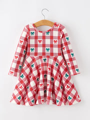 Christmas Girls Candy Cane & Bow Plaid Twirl Dress