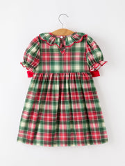 Christmas Girls Plaid Smocked Ruffle Collar Bow Dress