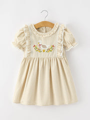 Girls Goose Embroidered Beige Plaid Ruffle Dress