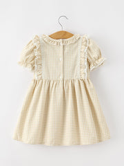 Girls Goose Embroidered Beige Plaid Ruffle Dress