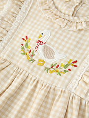 Baby Girls Goose Embroidered Beige Plaid Ruffle Bloomer Set