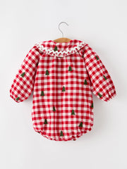 Christmas Tree Embroidered Red Plaid Baby Girls Ruffle Collar Romper