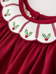 Christmas Holly Embroidered Baby Romper Petals Collar Ruffle