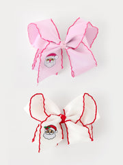 Girls' Christmas Santa Embroidered 6.25" Hair Bow – White/Pink